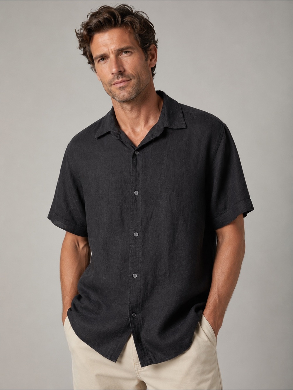 Metro Concepts Men’s Black Linen Blend Button Front Shirt Size Large Casual